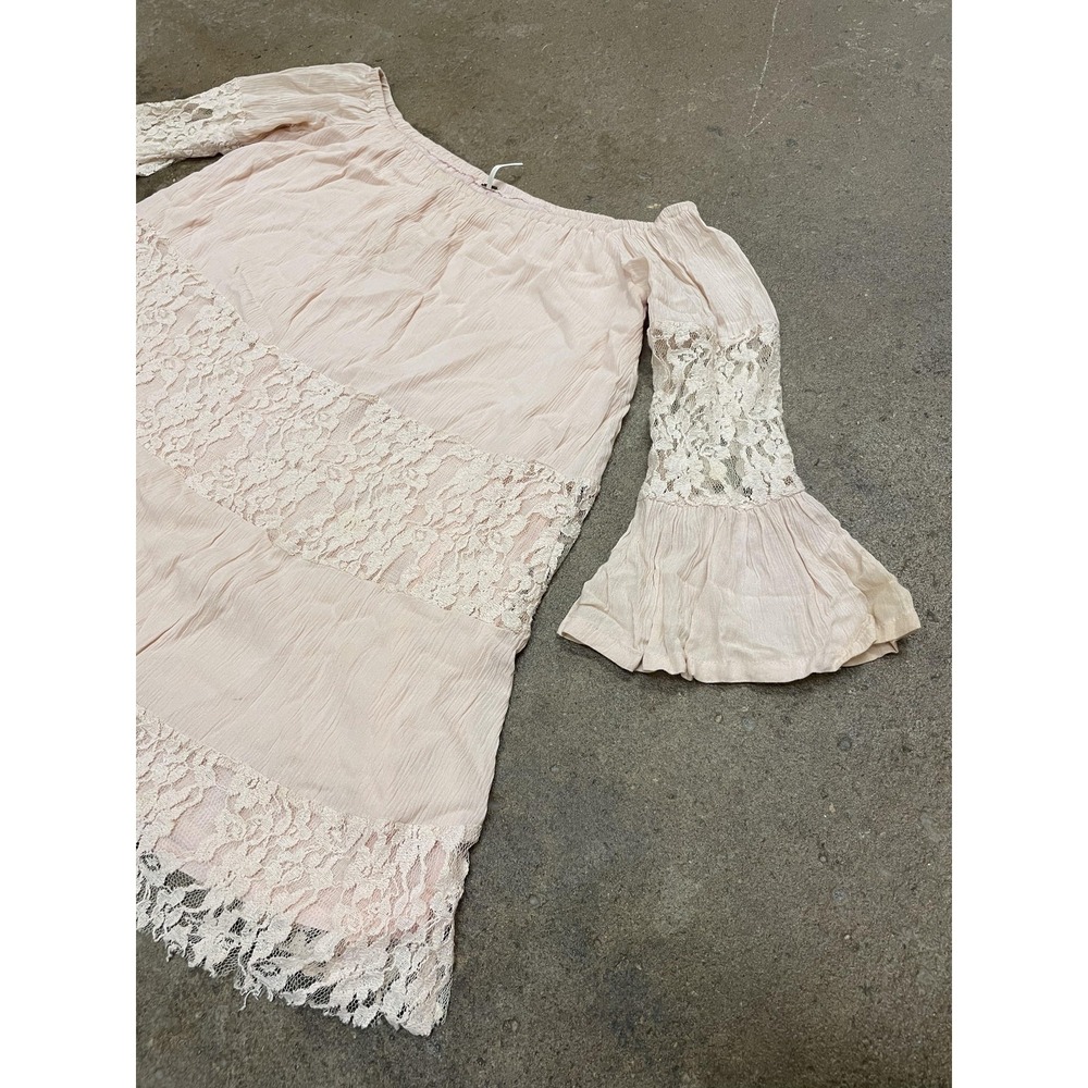 Free People Lace Dress Womens XS‎ Pink Off Shoulder Boho Short Mini Bell Sleeve - Picture 3 of 16
